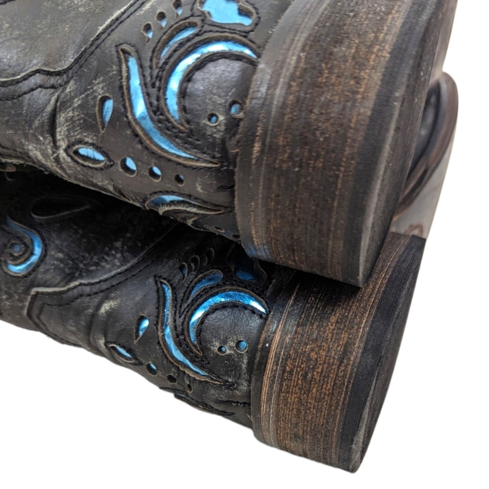Roper Leather Cutout Western Boots Womens  7 Cowboy Distress Black Blue Metallic - Picture 5 of 13